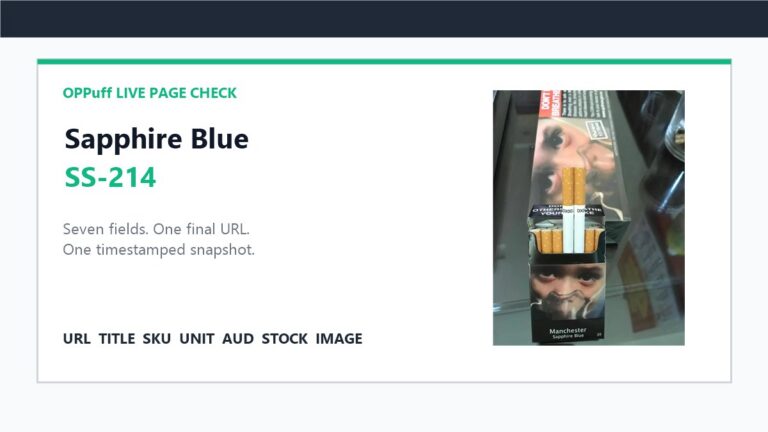 OPPuff live page check graphic with the Sapphire Blue product image, SS-214 and a seven-field browser snapshot